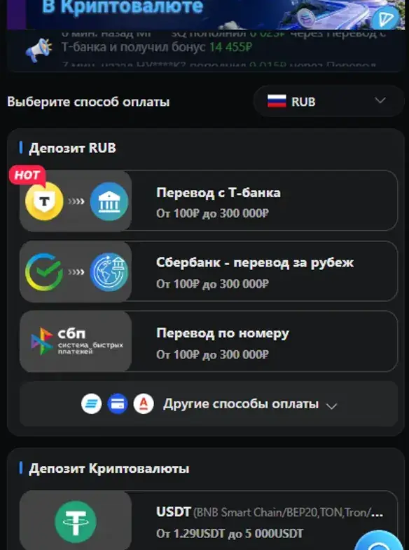 Окно депозита Lucky Bear: рубли через Т-Банк, Сбербанк и СБП от 100 до 300 000 ₽ и блок криптовалюты
